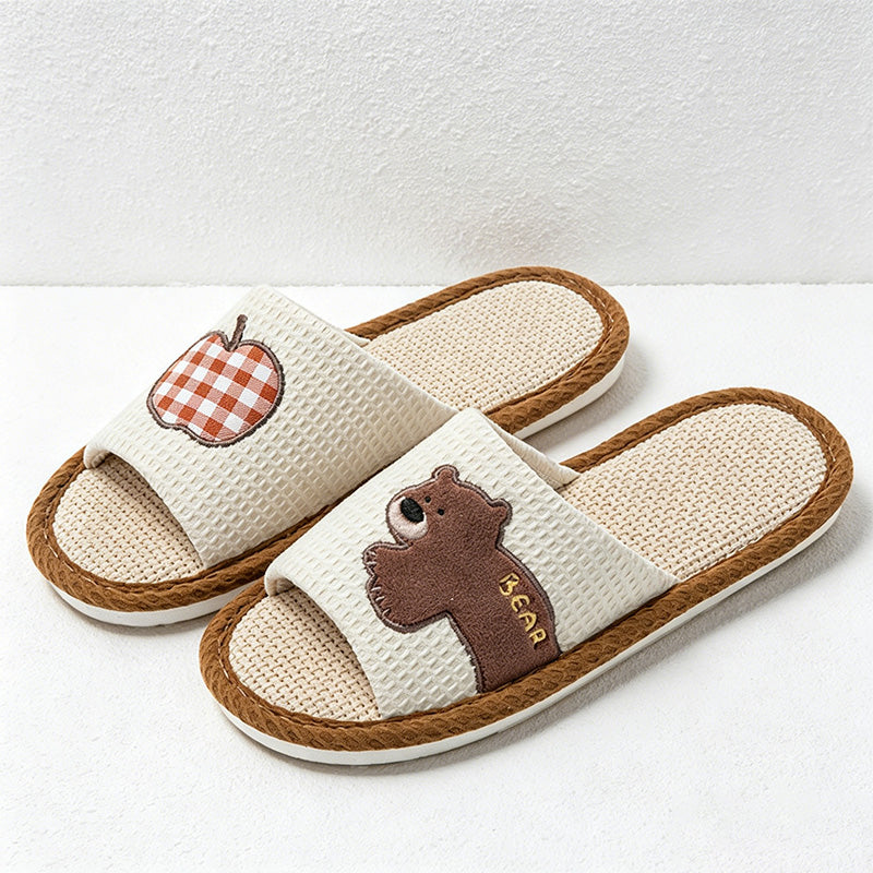 CouldNook Apple Bear Linen-Look Open Toe Slippers - Cozy Indoor Accent