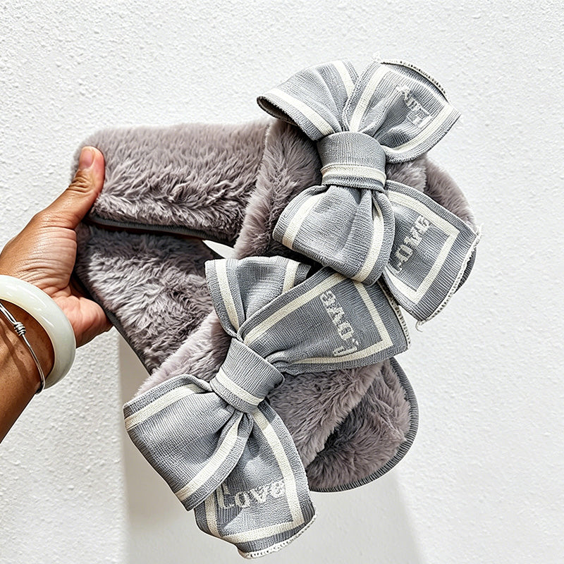 CouldNook Heart Bow Plush Open Toe Slippers - Sweet Room Accent
