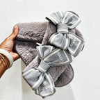 CouldNook Heart Bow Plush Open Toe Slippers - Sweet Room Accent