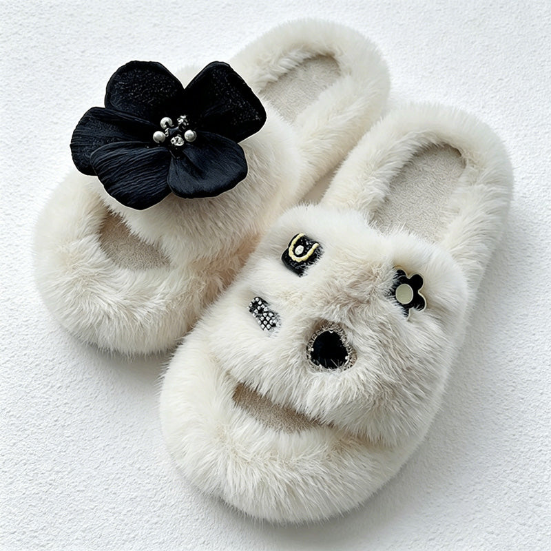 CouldNook Plush Flower Open Toe Slippers - Calm Bedroom Accent
