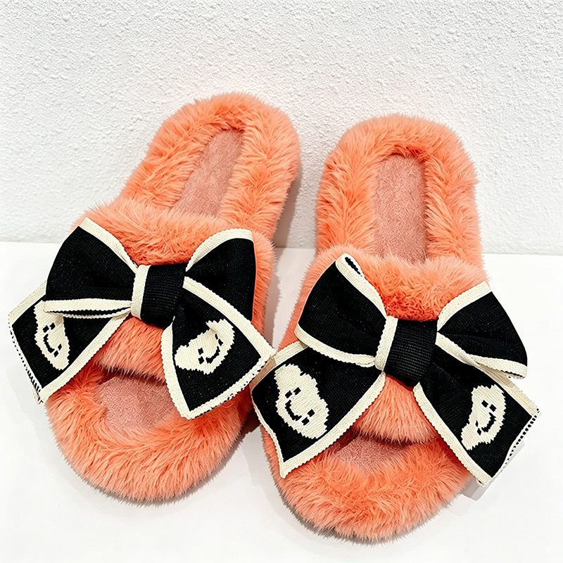 CouldNook Contrast Ribbon Plush Open Toe Slippers - Cozy Dressing Accent