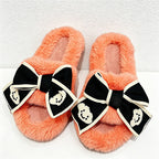 CouldNook Contrast Ribbon Plush Open Toe Slippers - Cozy Dressing Accent