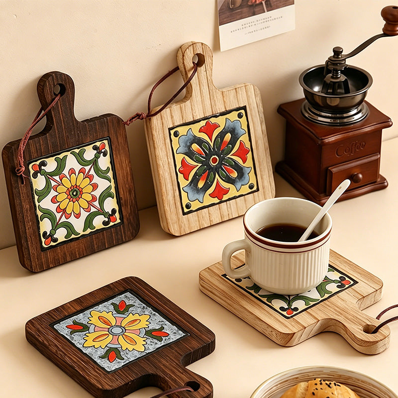 CouldNook Vintage Tile Wooden Trivet - Heat Resistant Kitchen Pot Holder