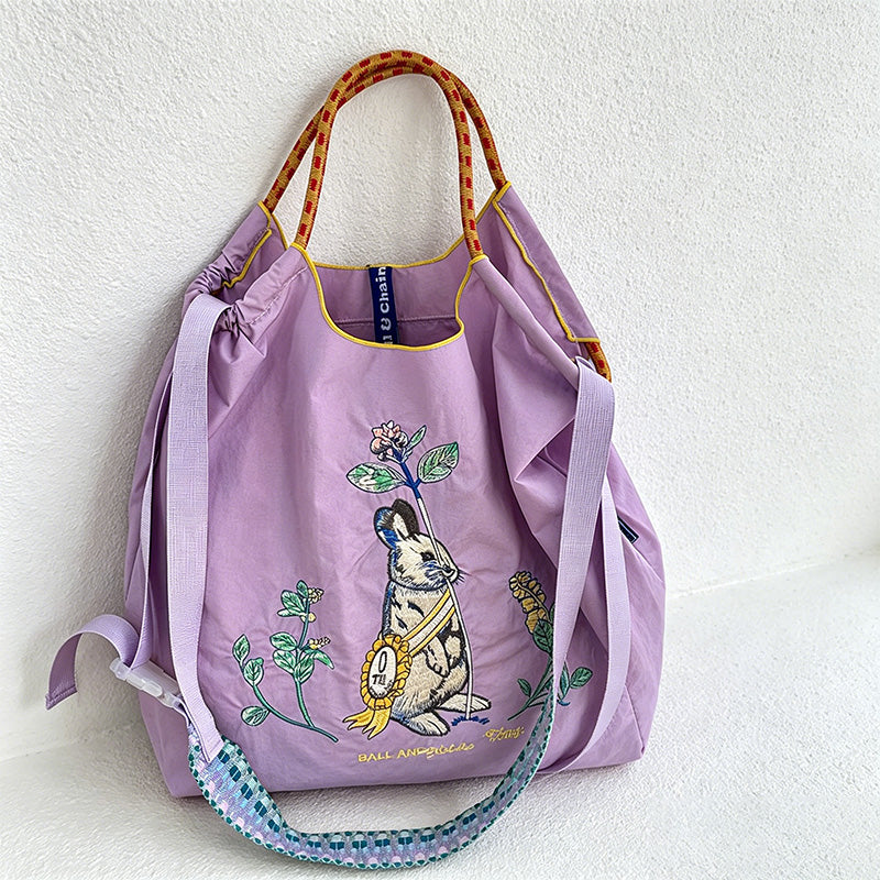 CouldNook Medal Rabbit Floral Embroidered Tote Bag - Everyday Market Accent