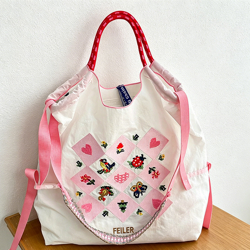 CouldNook Heart Rhombus Cross Stitch Embroidery Shopping Bag - Everyday Market Accent
