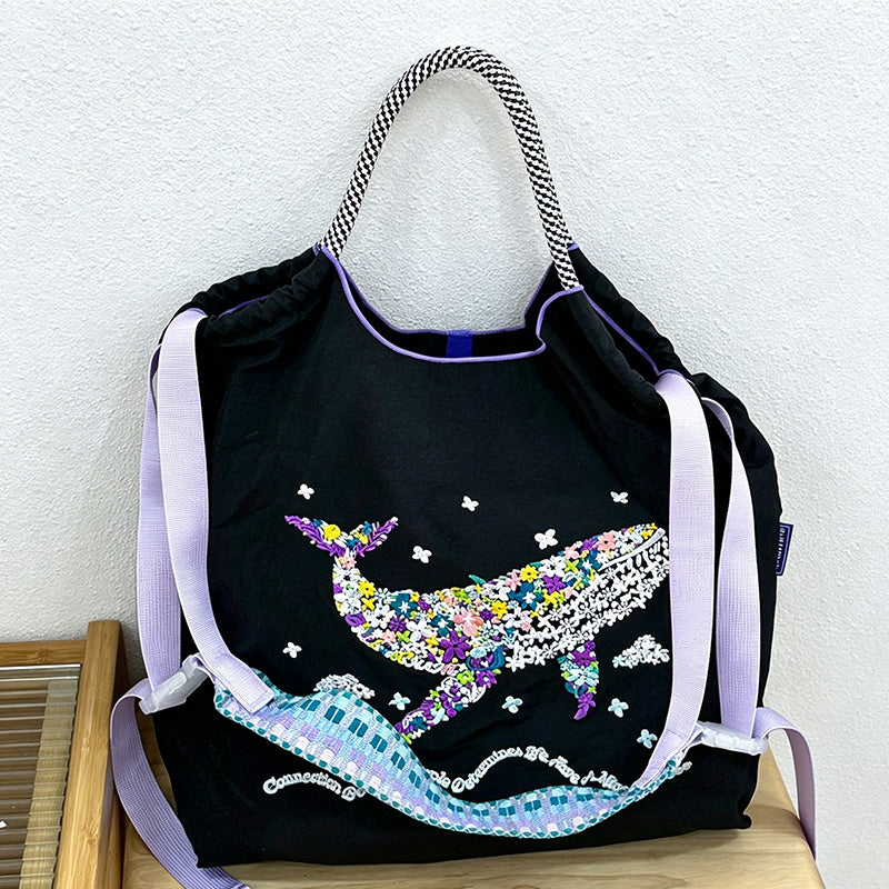 CouldNook Floral Whale Embroidery Shopping Bag - Everyday Market Accent