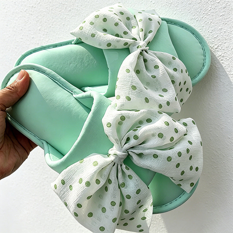 CouldNook Polka Dot Ribbon Bow Open Toe Slippers - Gentle Room Accent