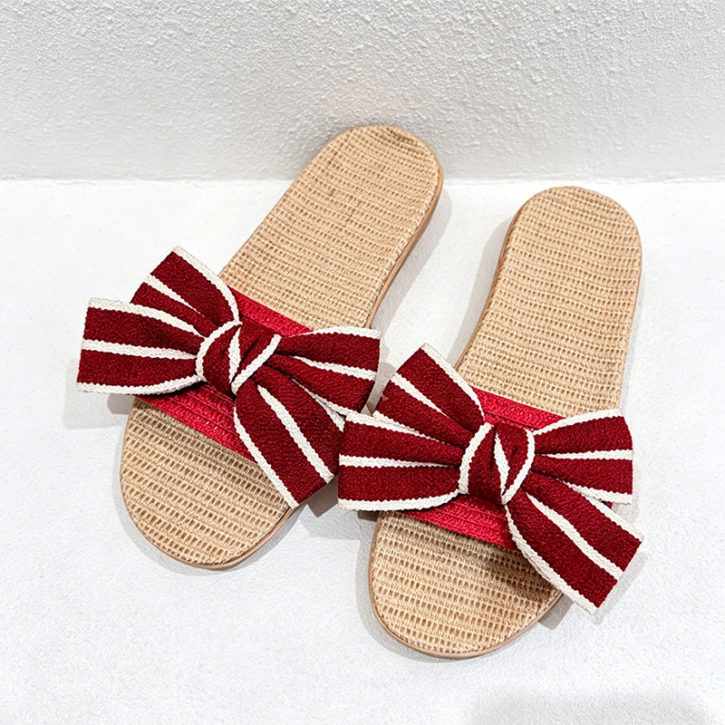 CouldNook Striped Bow Open Toe House Slippers - Dressing Corner Accent