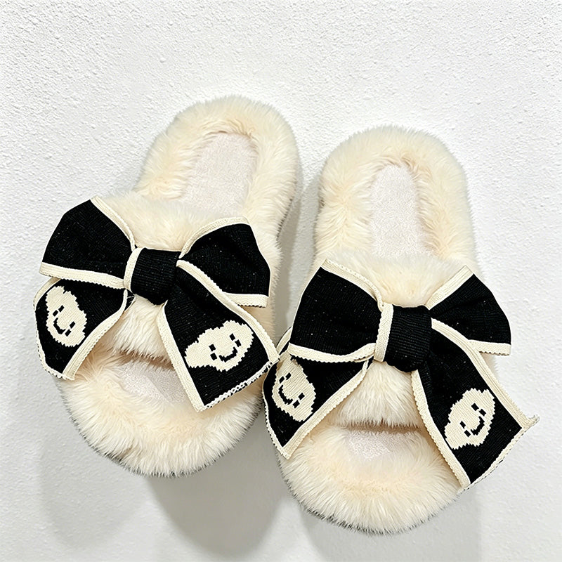 CouldNook Contrast Ribbon Plush Open Toe Slippers - Cozy Dressing Accent