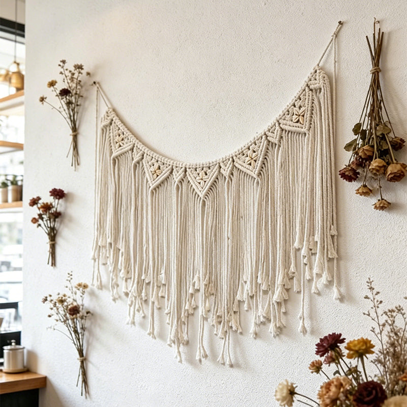 CouldNook Shell Accent Macrame Wall Banner – Boho Fringe Wall Hanging Tapestry
