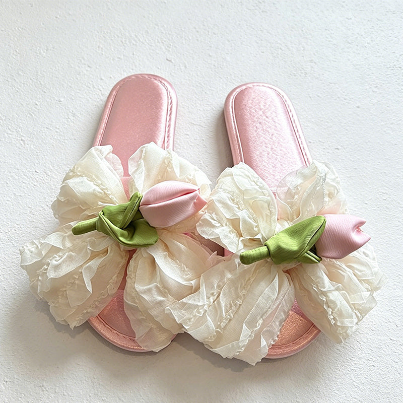 CouldNook Floral Satin Bow Slide Slippers - Sweet Lounge Accent