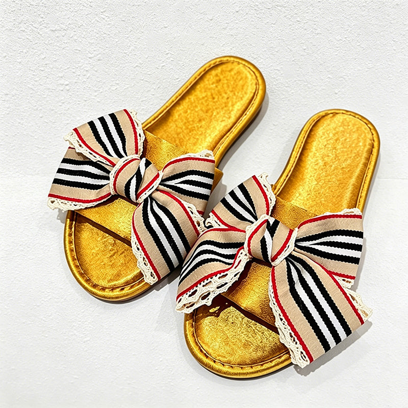 CouldNook Striped Bow Open Toe Slippers - Relaxed Home Accent