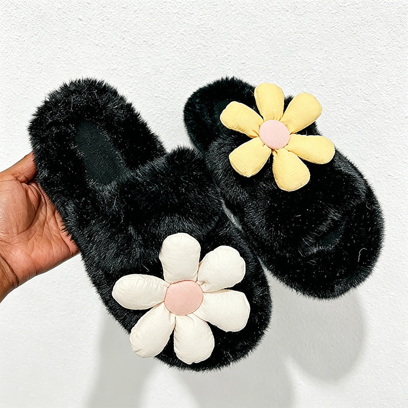 CouldNook Daisy Applique Plush Open Toe Slippers - Warm Floral Accent
