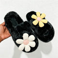 CouldNook Daisy Applique Plush Open Toe Slippers - Warm Floral Accent