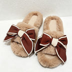 CouldNook Bow Fluffy Faux Fur Slide Slippers - Warm Dressing Accent