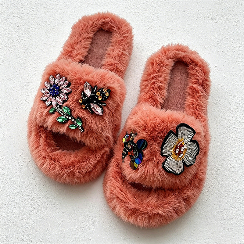 CouldNook Gem-Look Flower Plush Open Toe Slippers - Bright Room Accent