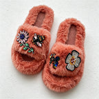 CouldNook Gem-Look Flower Plush Open Toe Slippers - Bright Room Accent