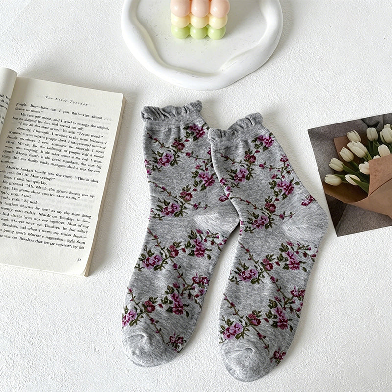 CouldNook Bubble Cuff Rose Floral Mid-Calf Socks - Stackable Socks