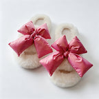 CouldNook Contrast Bow Plush Open Toe Slippers - Soft Shelf Accent