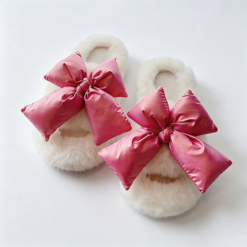 CouldNook Contrast Bow Plush Open Toe Slippers - Soft Shelf Accent