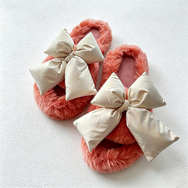 CouldNook Contrast Bow Plush Open Toe Slippers - Soft Shelf Accent