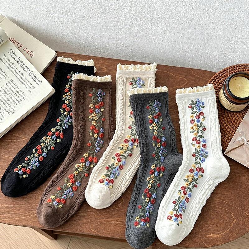 CouldNook Lace Ruffle Embossed Floral Socks - Women Ethnic Stackable Socks