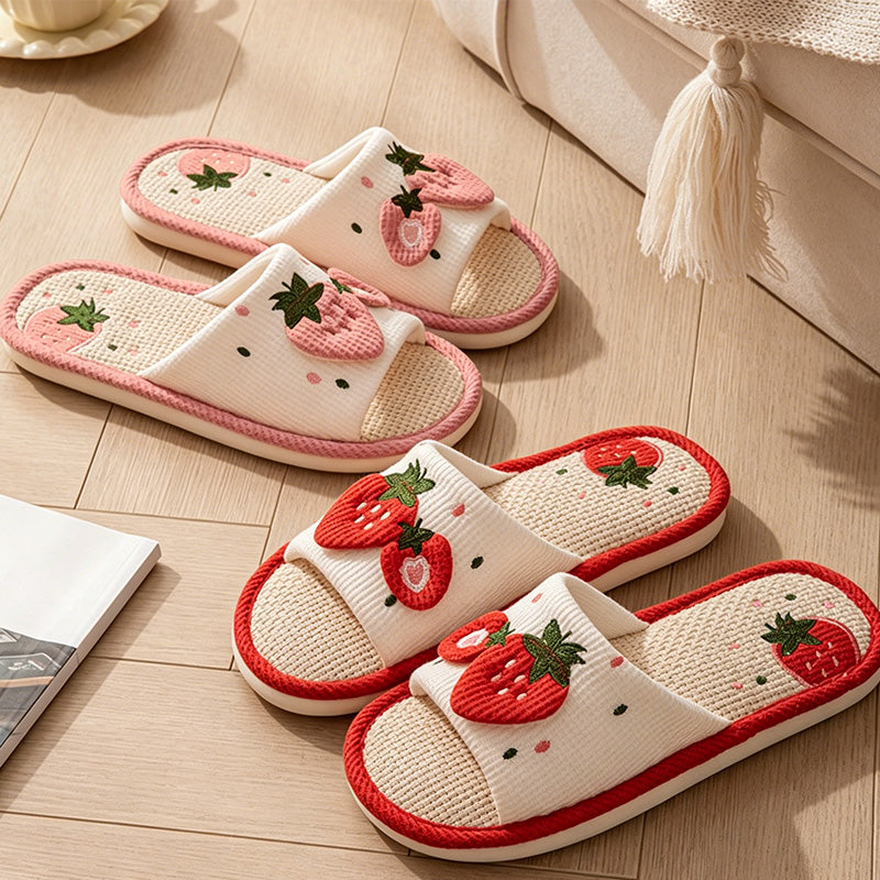 CouldNook Strawberry Trim Open Toe House Slippers - Soft Indoor Accent