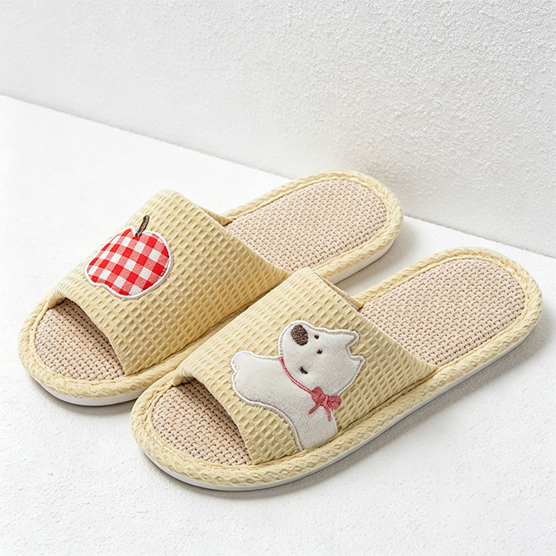 CouldNook Apple Bear Linen-Look Open Toe Slippers - Cozy Indoor Accent