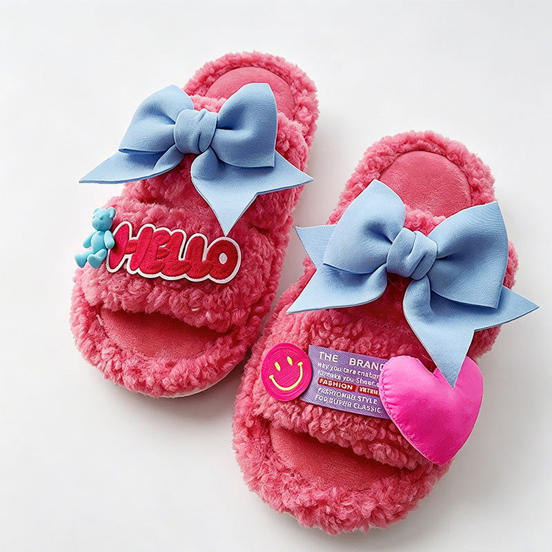 CouldNook Folded Bow Plush Open Toe Slippers - Colorful Lounge Accent
