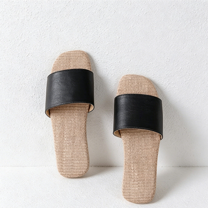 CouldNook Faux Leather Linen Sole Open Toe Slippers - Four Season Accent