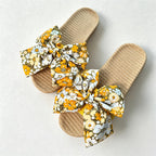 CouldNook Summer Ditsy Floral Linen Bow Slide Slippers - Garden Room Accent