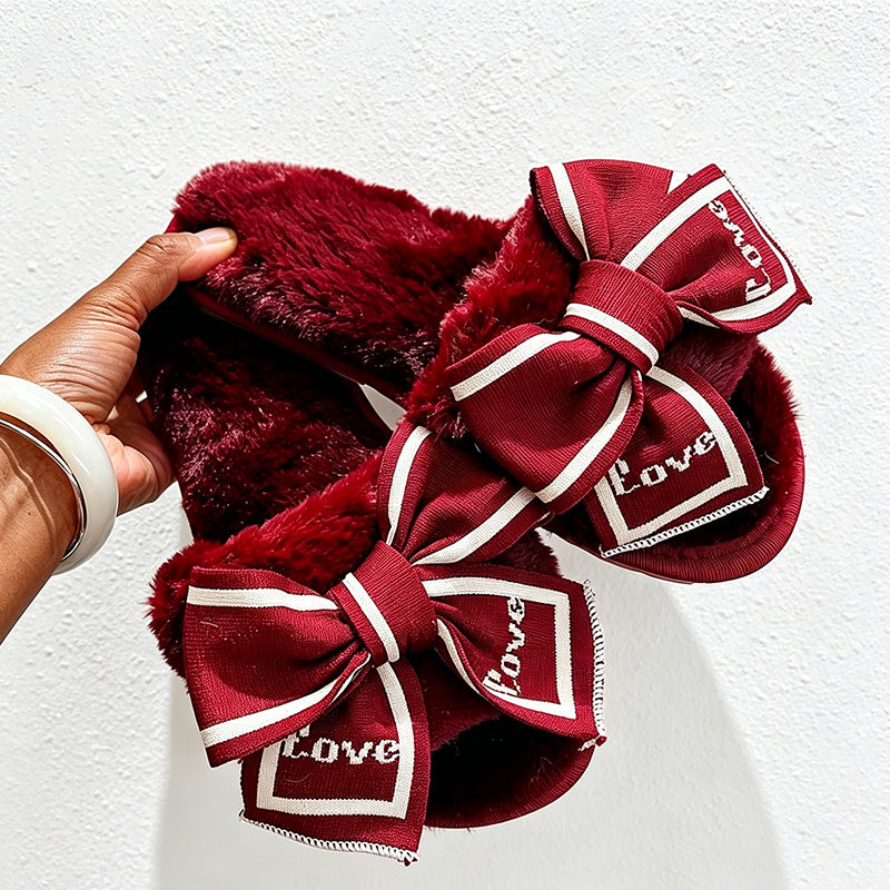 CouldNook Heart Bow Plush Open Toe Slippers - Sweet Room Accent