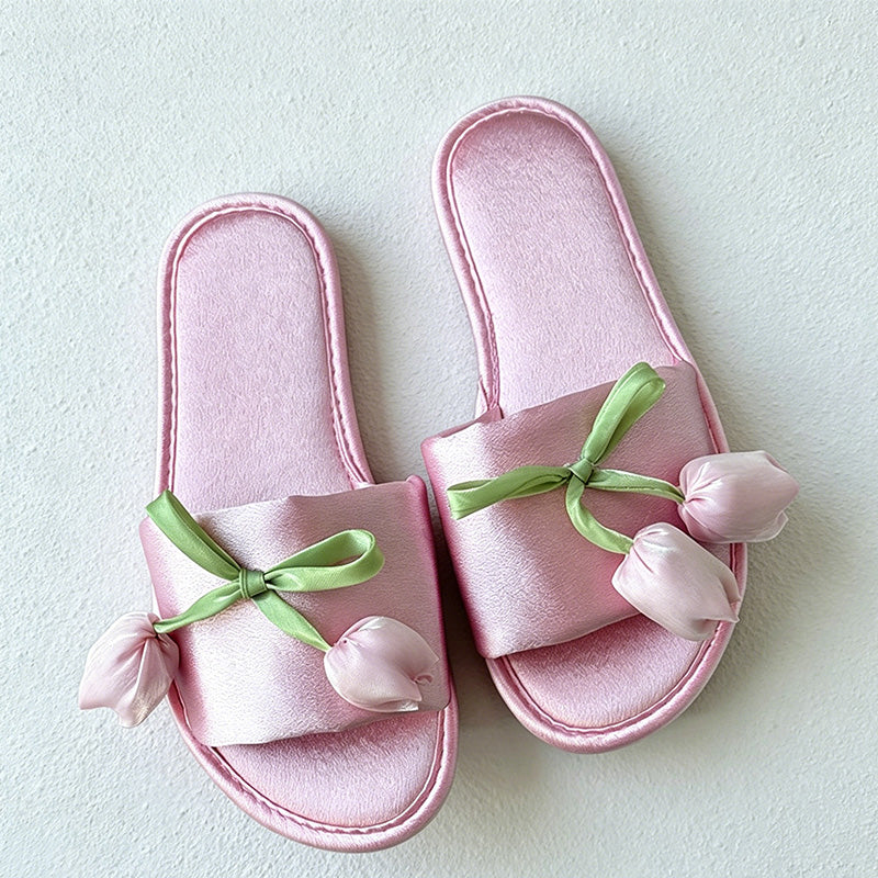 CouldNook Tulip Bow Open Toe Slippers - Gentle Bedroom Accent