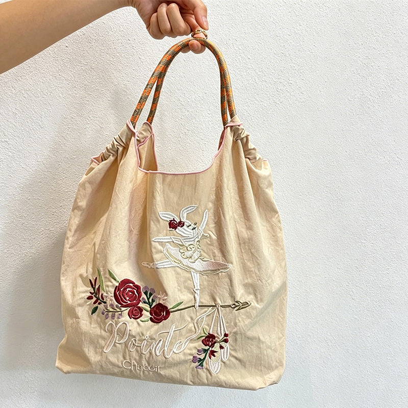 CouldNook Ballet Bunny Rose Embroidery Tote Bag - Everyday Market Accent