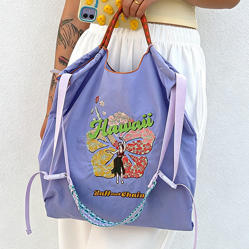 CouldNook Hawaii Hibiscus Hula Girl Embroidery Shopping Bag - Everyday Market Accent