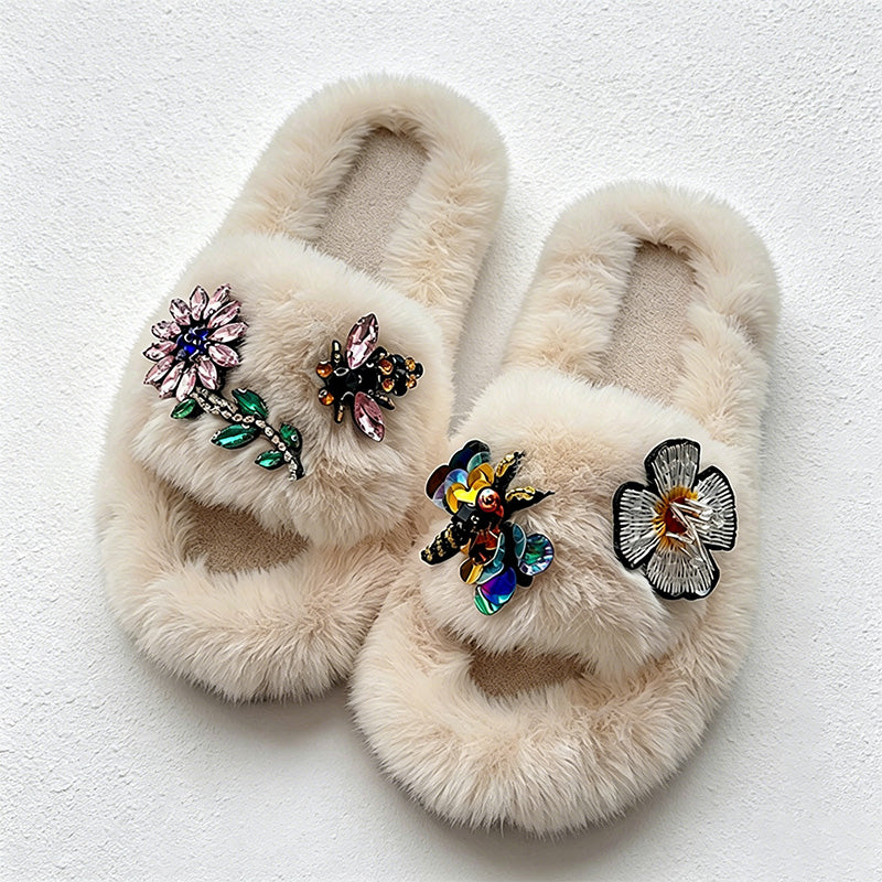 CouldNook Gem-Look Flower Plush Open Toe Slippers - Bright Room Accent