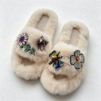 CouldNook Gem-Look Flower Plush Open Toe Slippers - Bright Room Accent