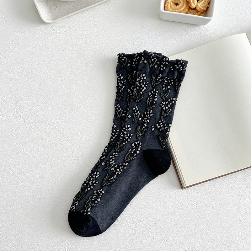 CouldNook Embossed Floral Mid-Calf Socks - Women's Retro Casual Stackable Socks