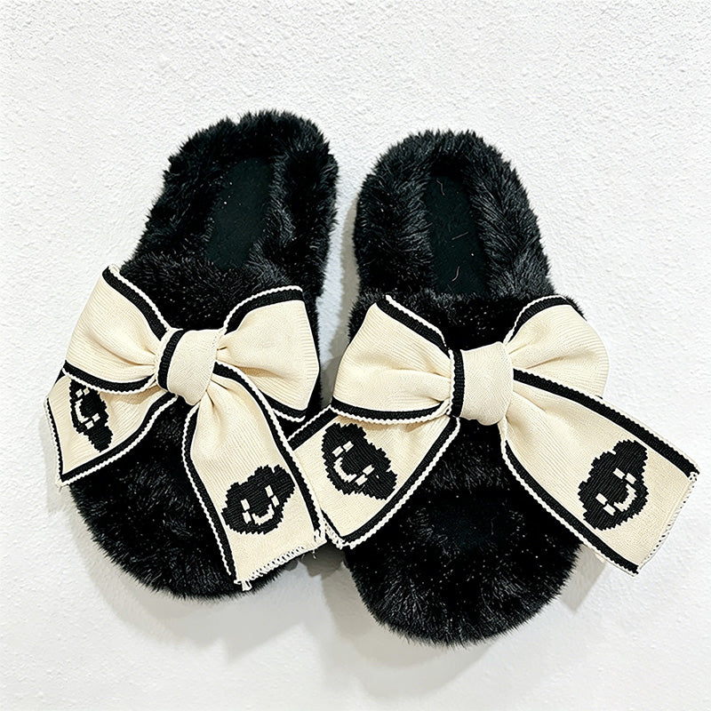 CouldNook Contrast Ribbon Plush Open Toe Slippers - Cozy Dressing Accent
