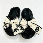 CouldNook Contrast Ribbon Plush Open Toe Slippers - Cozy Dressing Accent