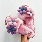 CouldNook Daisy Applique Plush Open Toe Slippers - Warm Floral Accent