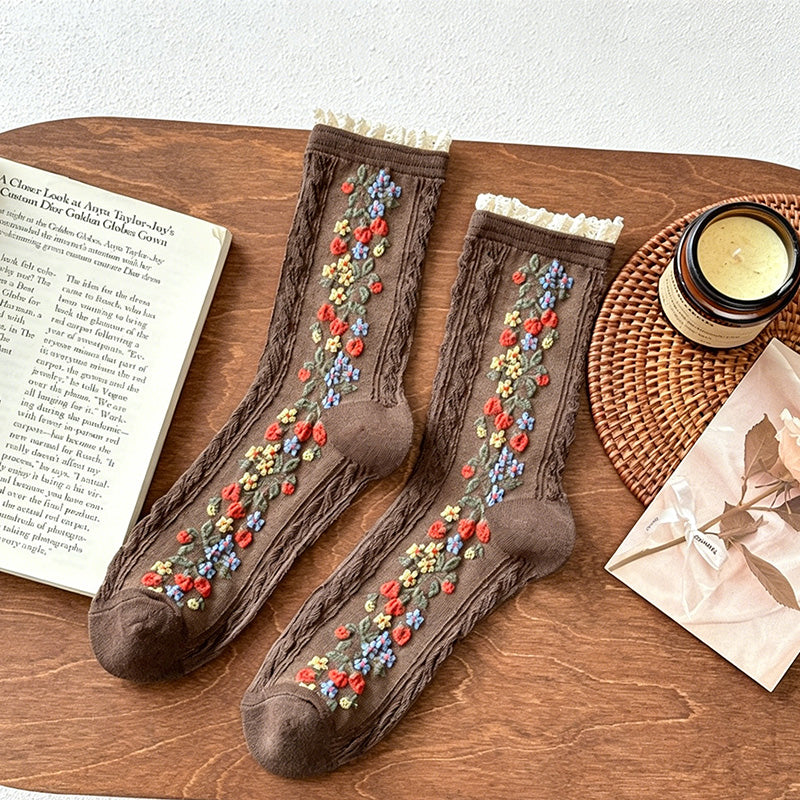 CouldNook Lace Ruffle Embossed Floral Socks - Women Ethnic Stackable Socks