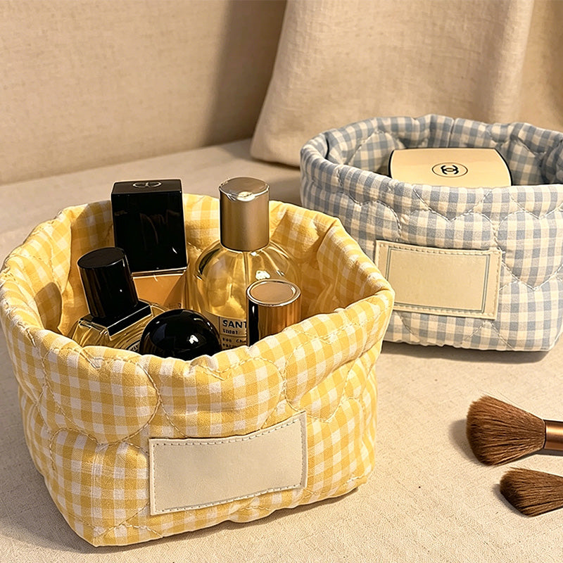 CouldNook Heart Quilted Gingham Storage Basket - Cute Desktop Organizer Bin