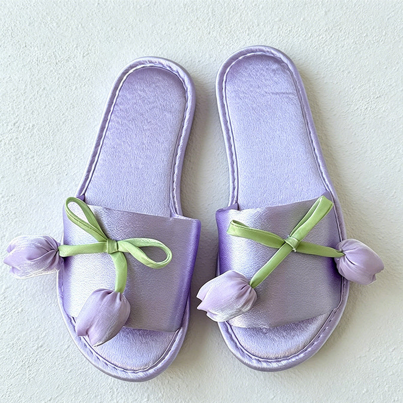 CouldNook Tulip Bow Open Toe Slippers - Gentle Bedroom Accent