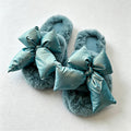CouldNook Contrast Bow Plush Open Toe Slippers - Soft Shelf Accent