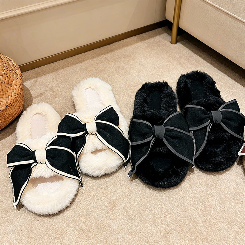 CouldNook Bow Fluffy Faux Fur Slide Slippers - Warm Dressing Accent