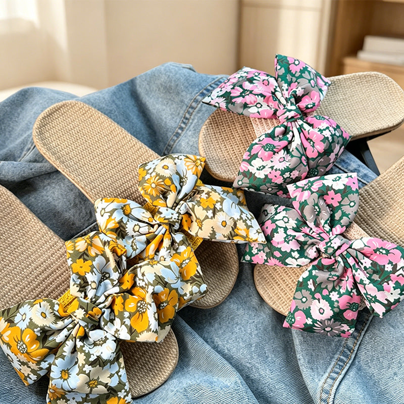CouldNook Summer Ditsy Floral Linen Bow Slide Slippers - Garden Room Accent