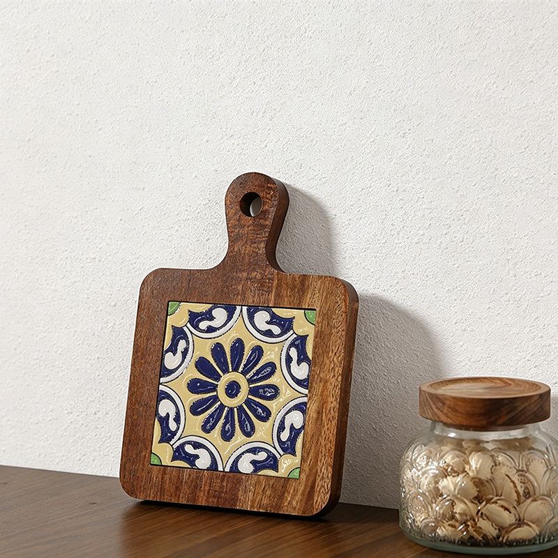 CouldNook Acacia Wood Blue Floral Tile Trivet - Heat Resistant Kitchen Pot Holder