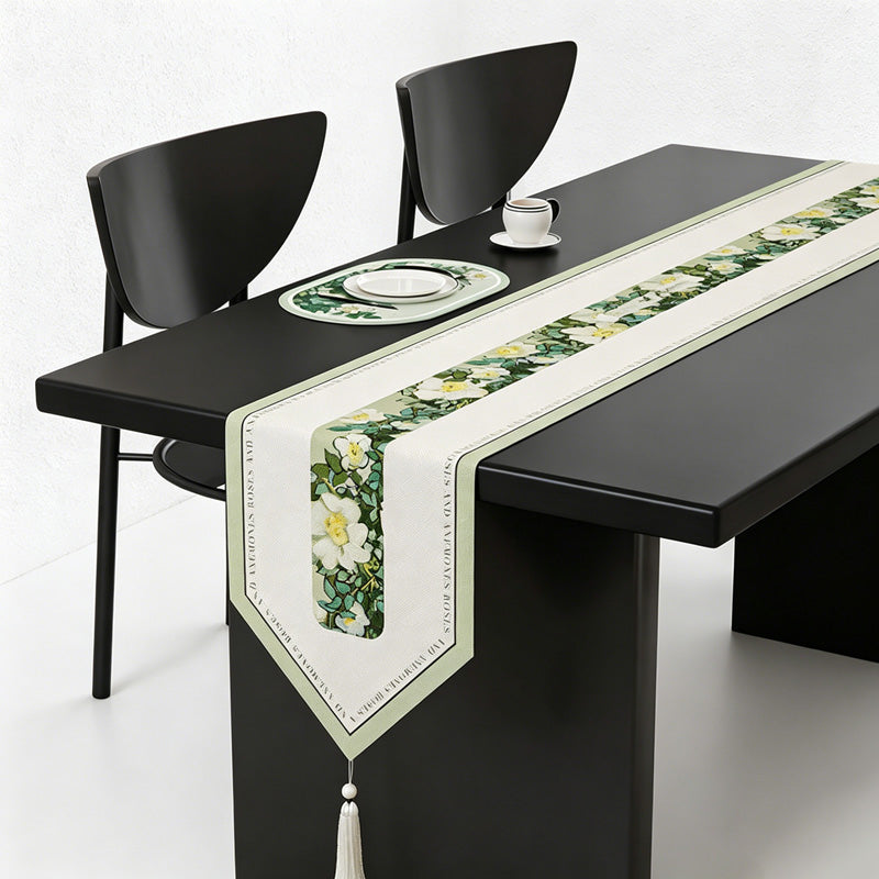CouldNook Retro French Vintage Floral Table Runner - Luxury V-Shape Tassel Mat