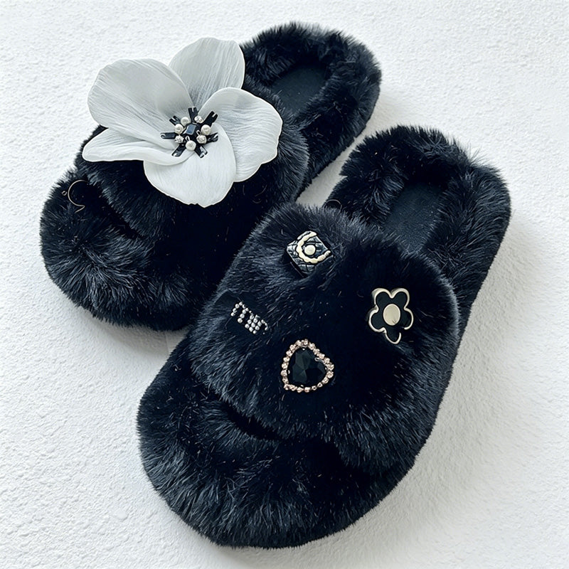 CouldNook Plush Flower Open Toe Slippers - Calm Bedroom Accent